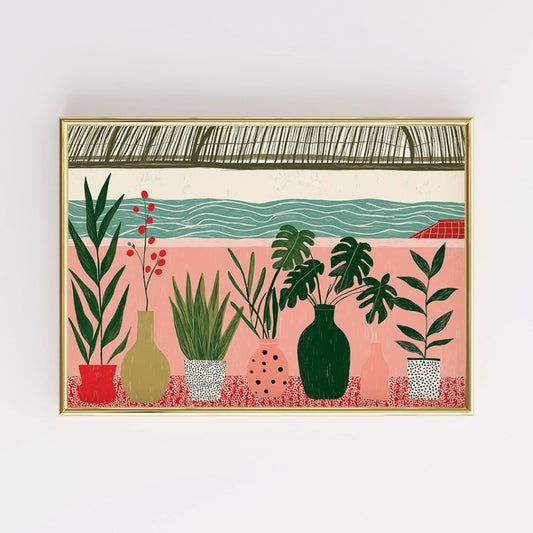 Boho Plant Wall Art – Colorful Botanical Print with Ocean View