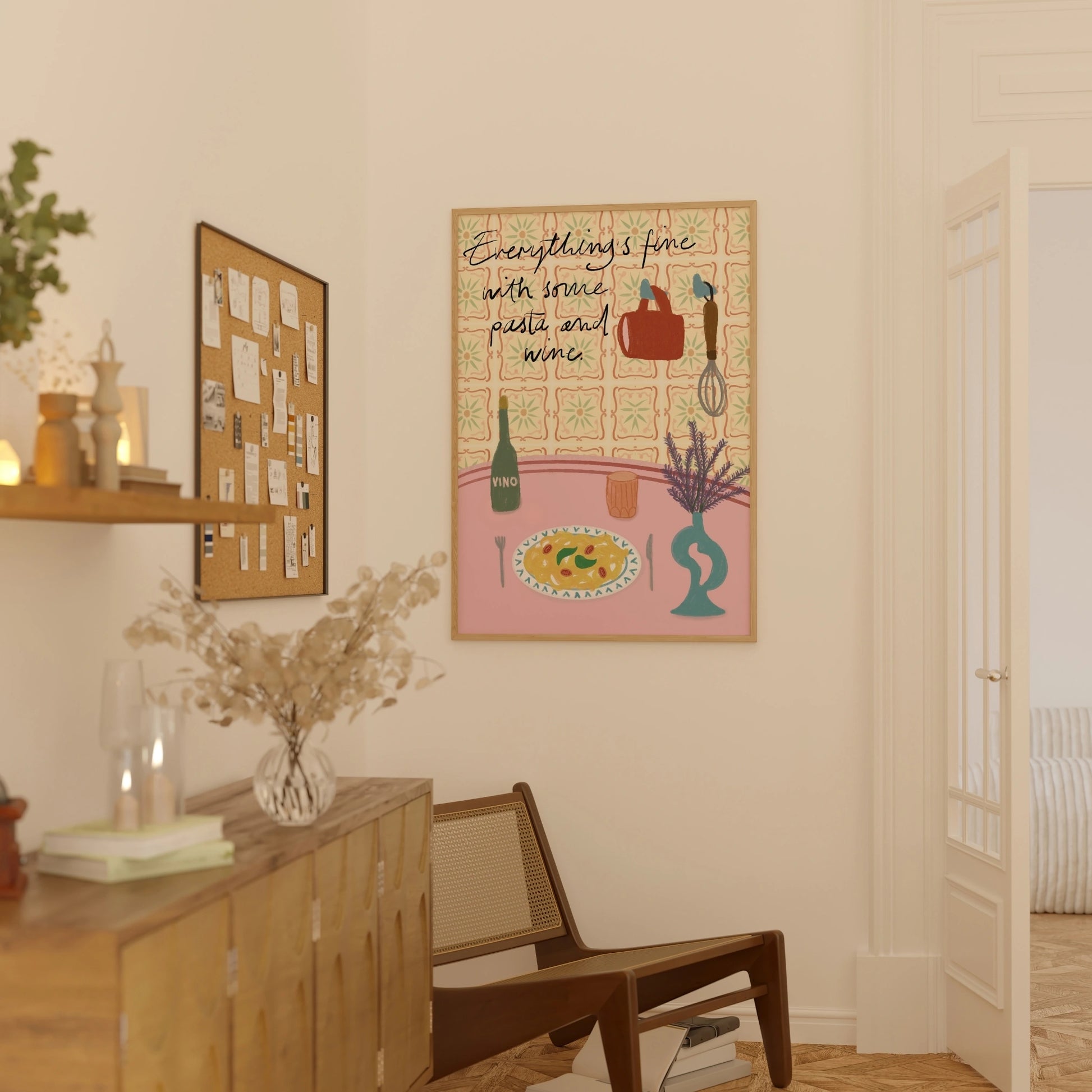 Decorazione murale per la tavola da pranzo italiana – Stampa di pasta, vino e cucina