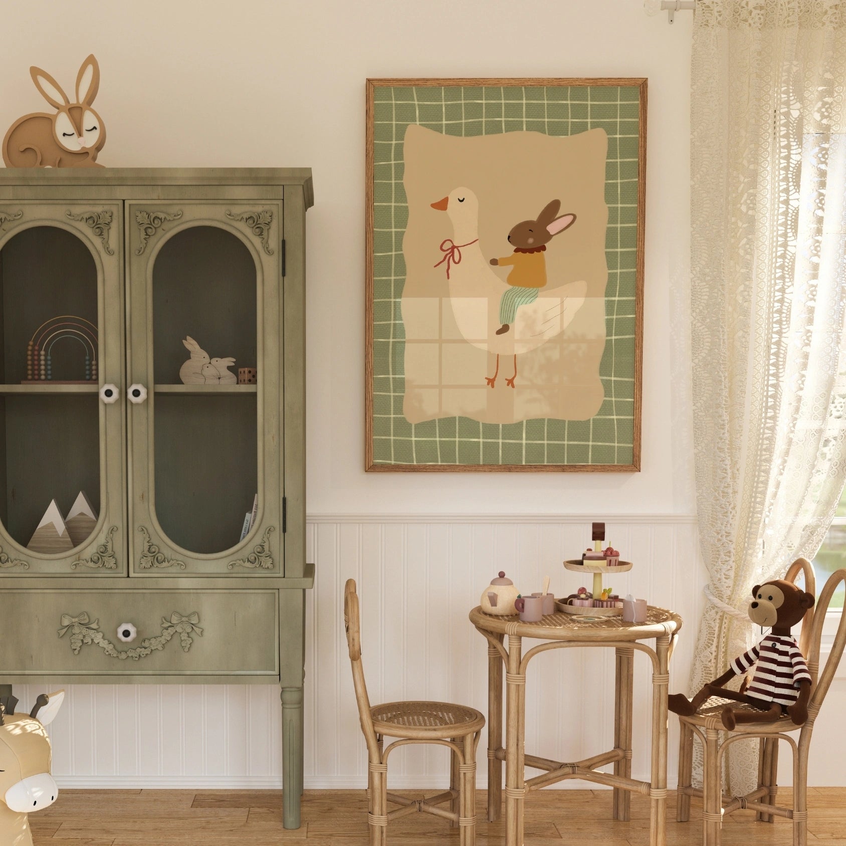 Stampa per cameretta dei bambini con oca e coniglio