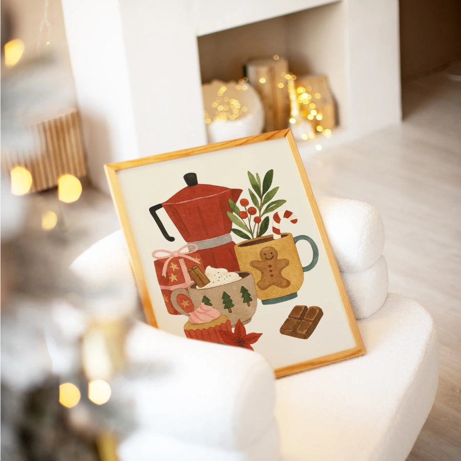 Décoration murale de Noël pour bar à café – Impression de cuisine de vacances dessinée à la main