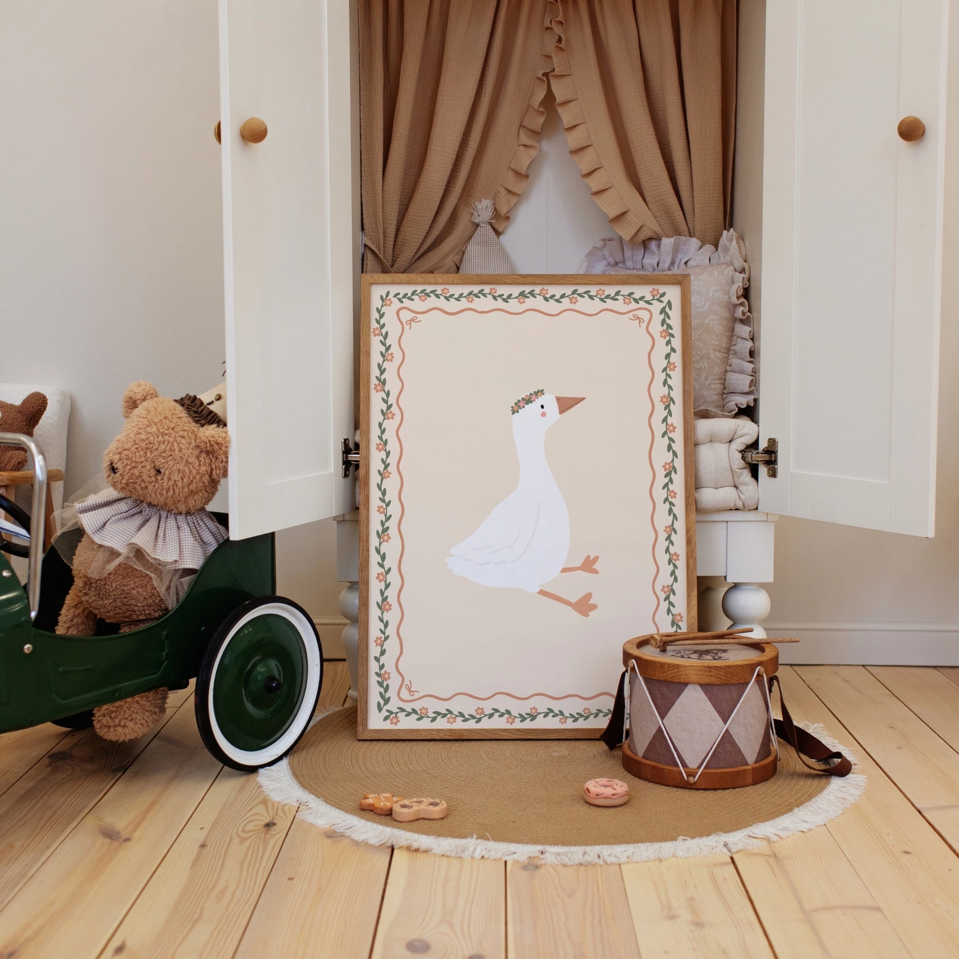 Floral Goose Nursery Wall Art, Whimsical Kids Decor