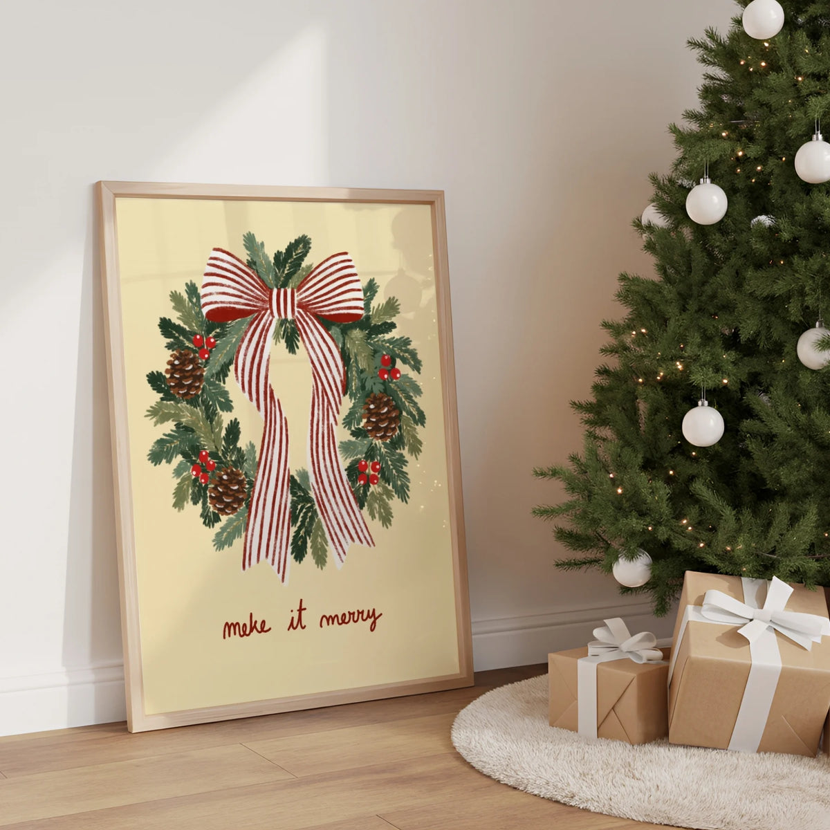 Christmas Wreath with Striped Bow – Póster de Navidad