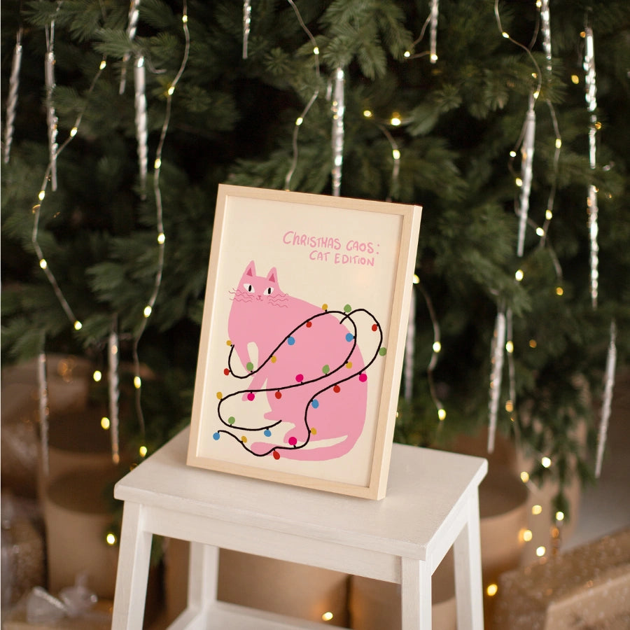 Christmas Chaos Cat – Funny Pink Christmas Wall Art