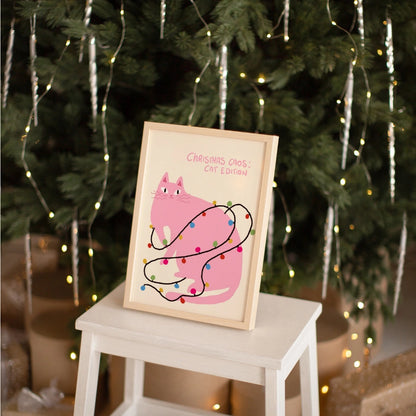 Christmas Chaos Cat – Funny Pink Christmas Wall Art