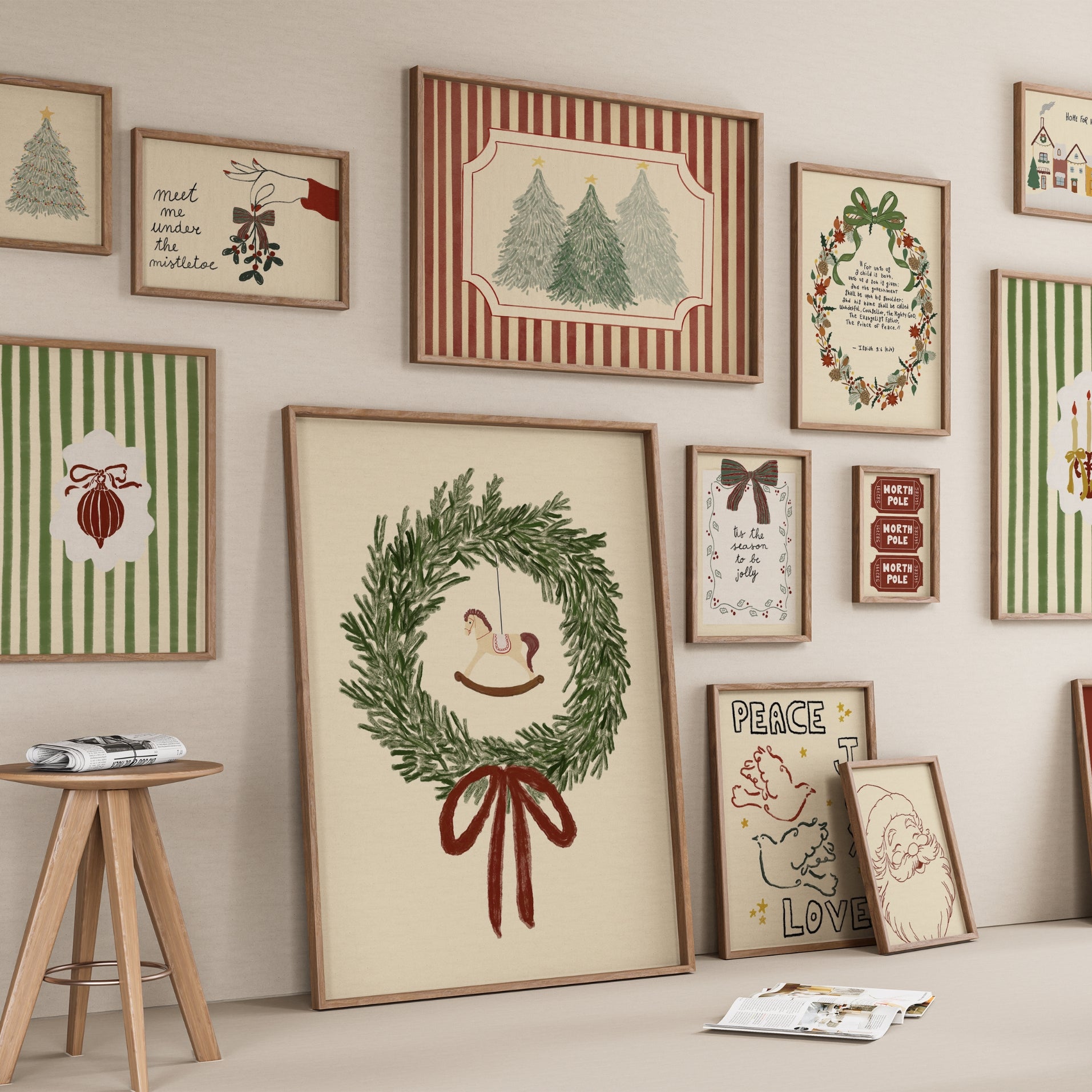 Set di 17 stampe vintage disegnate a mano per le vacanze