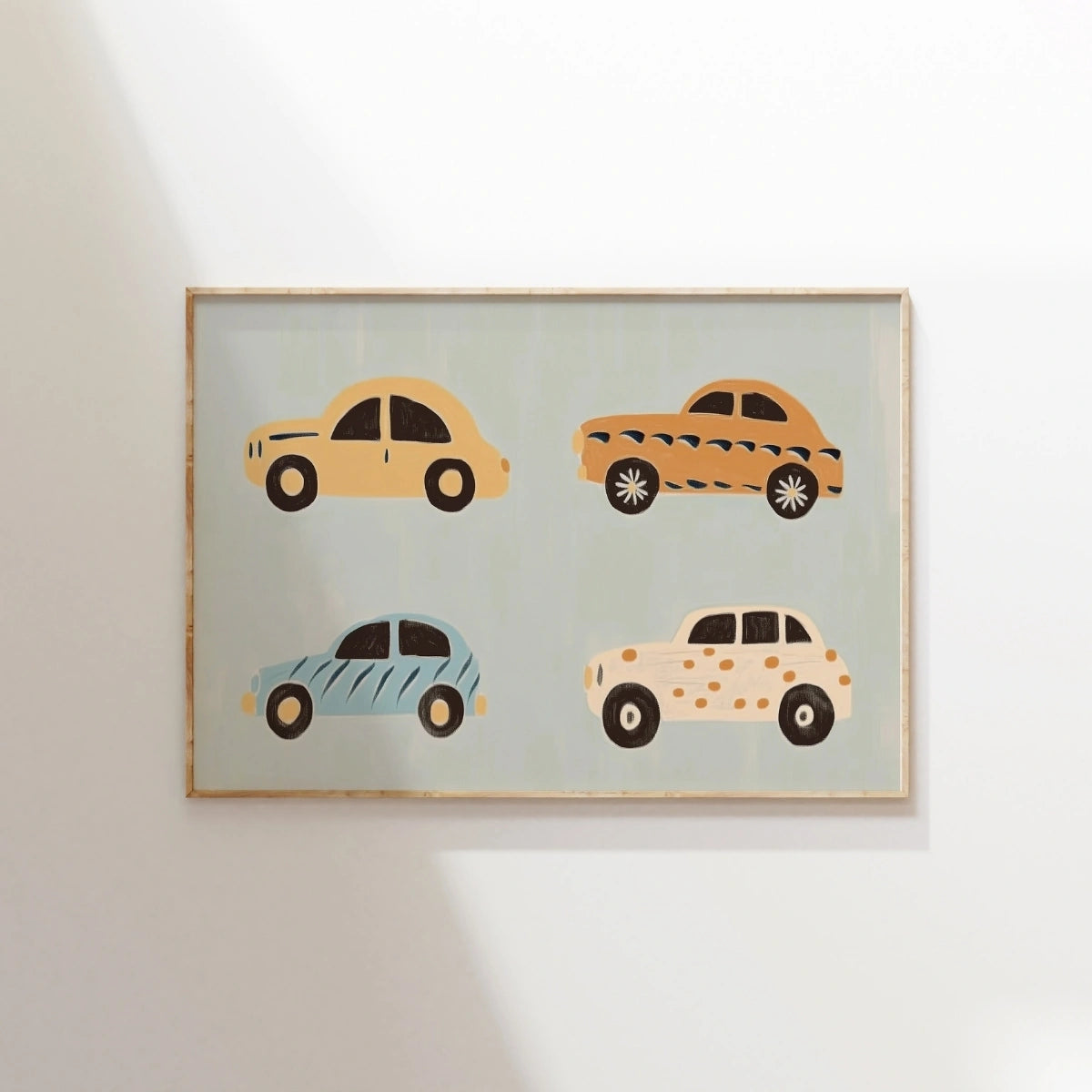 Affiche de pépinière de voitures colorées – Art mural de véhicules mignons pour garçons, Décor de chambre de garçon