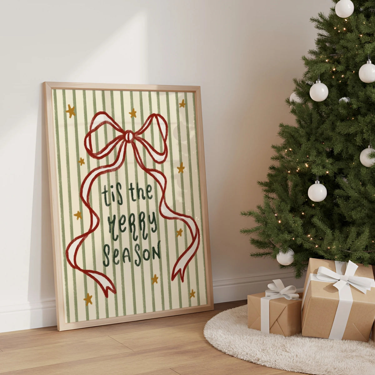 Tis the Merry Season with Striped Bow – Póster de Navidad
