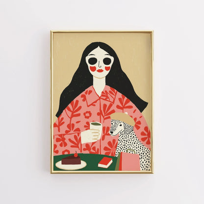 Coffee Date Boho Wall Art – Whimsical Woman and Dog Scene