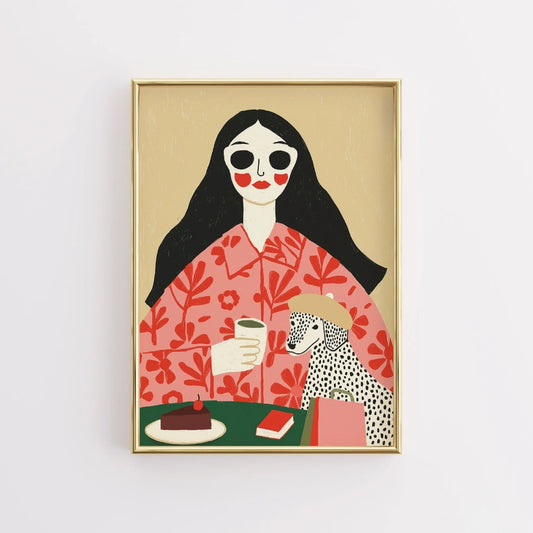 Coffee Date Boho Wall Art – Whimsical Woman and Dog Scene