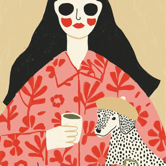 Coffee Date Boho Wall Art – Whimsical Woman and Dog Scene