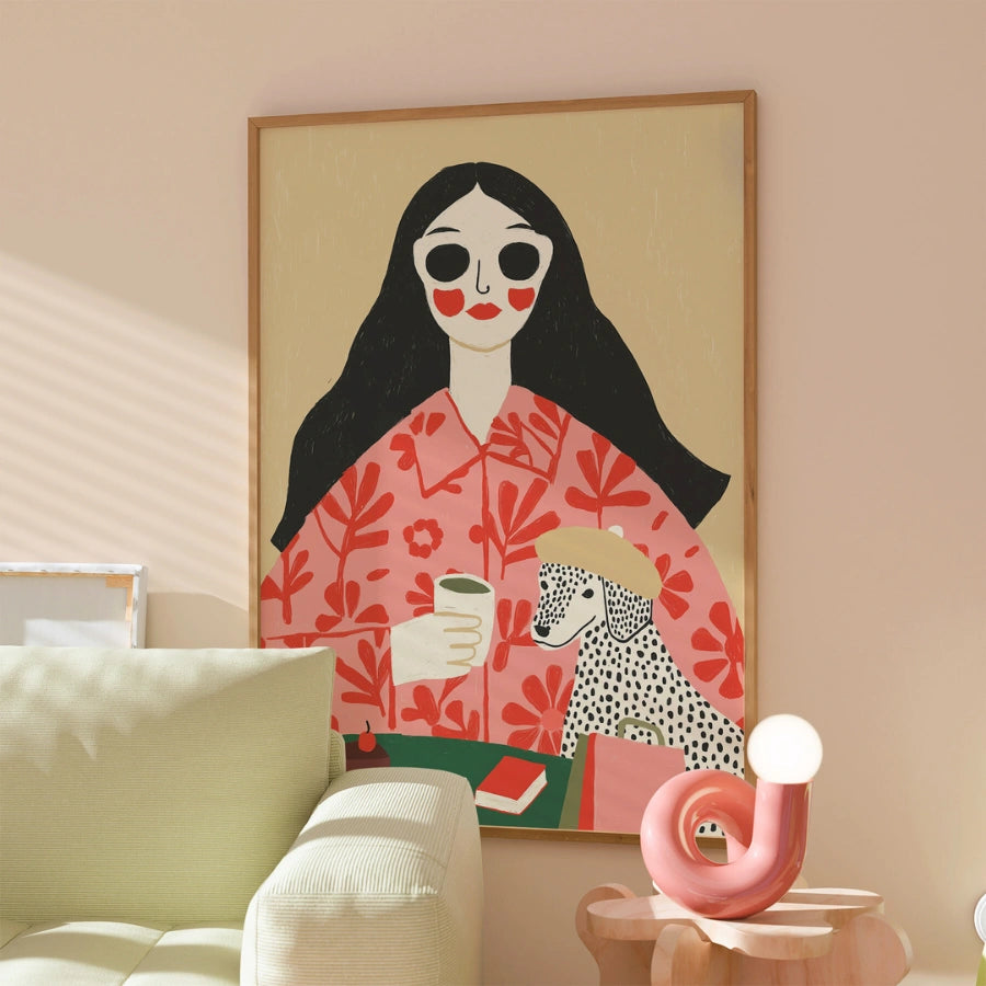 Coffee Date Boho Wall Art – Whimsical Woman and Dog Scene