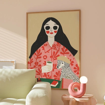 Coffee Date Boho Wall Art – Whimsical Woman and Dog Scene