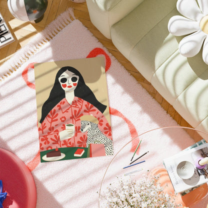 Coffee Date Boho Wall Art – Whimsical Woman and Dog Scene