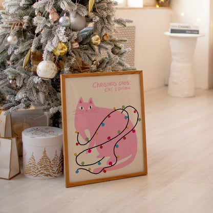 Christmas Chaos Cat – Funny Pink Christmas Wall Art