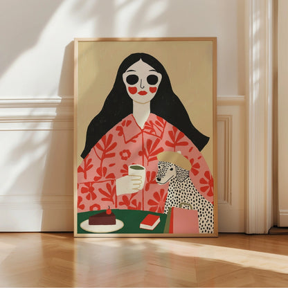 Coffee Date Boho Wall Art – Whimsical Woman and Dog Scene
