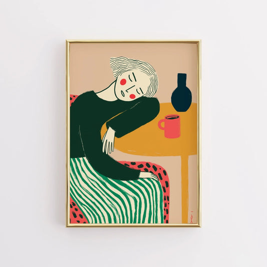 Resting Woman Boho Wall Art – Peaceful Portrait with Bold Lines