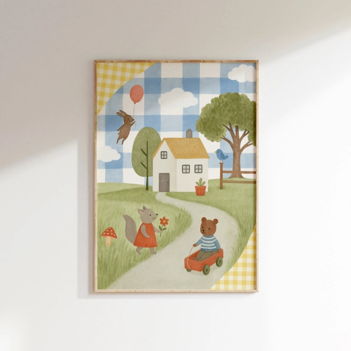 Whimsical Animal Village Nursery Print - Cute Bear and Bunny Kids Wall Art, Colorful Kids Decor