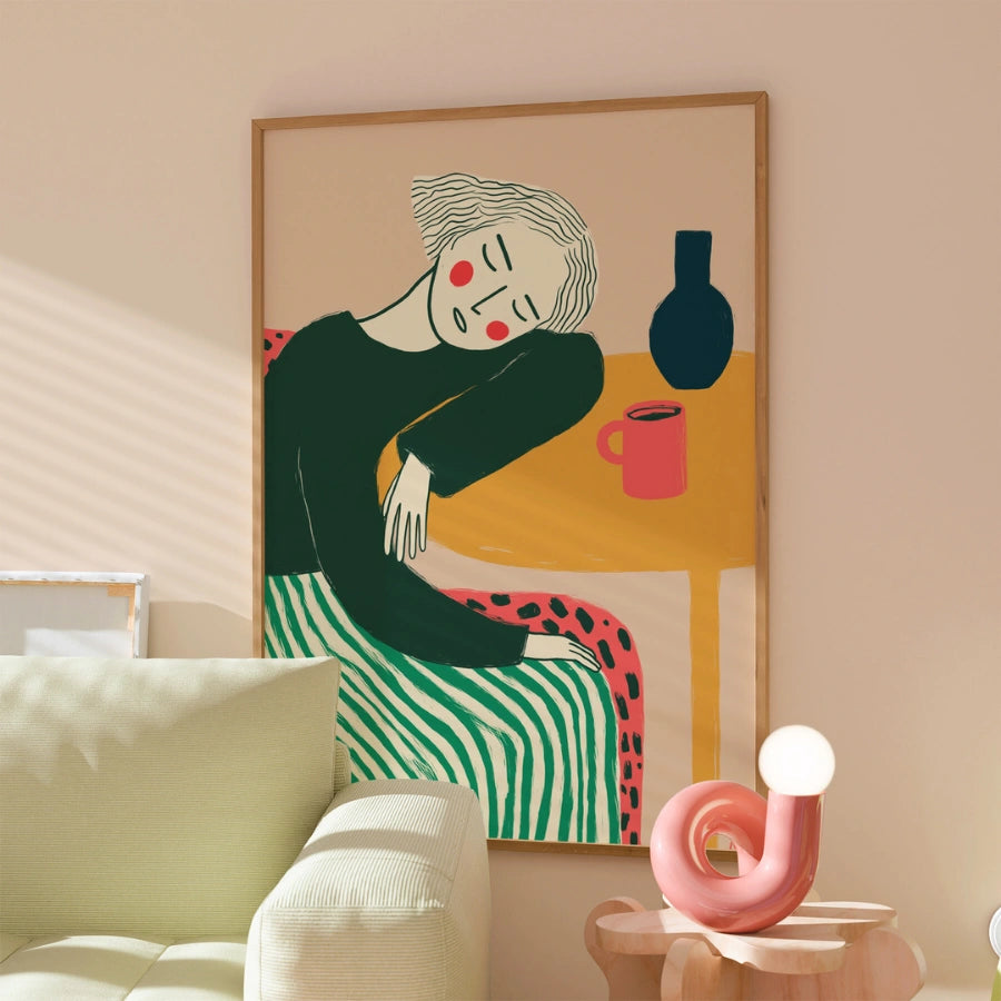 Resting Woman Boho Wall Art – Peaceful Portrait with Bold Lines