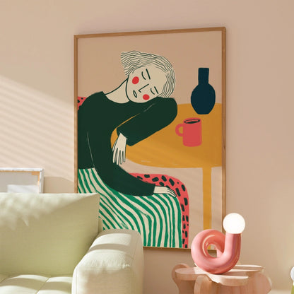 Resting Woman Boho Wall Art – Peaceful Portrait with Bold Lines
