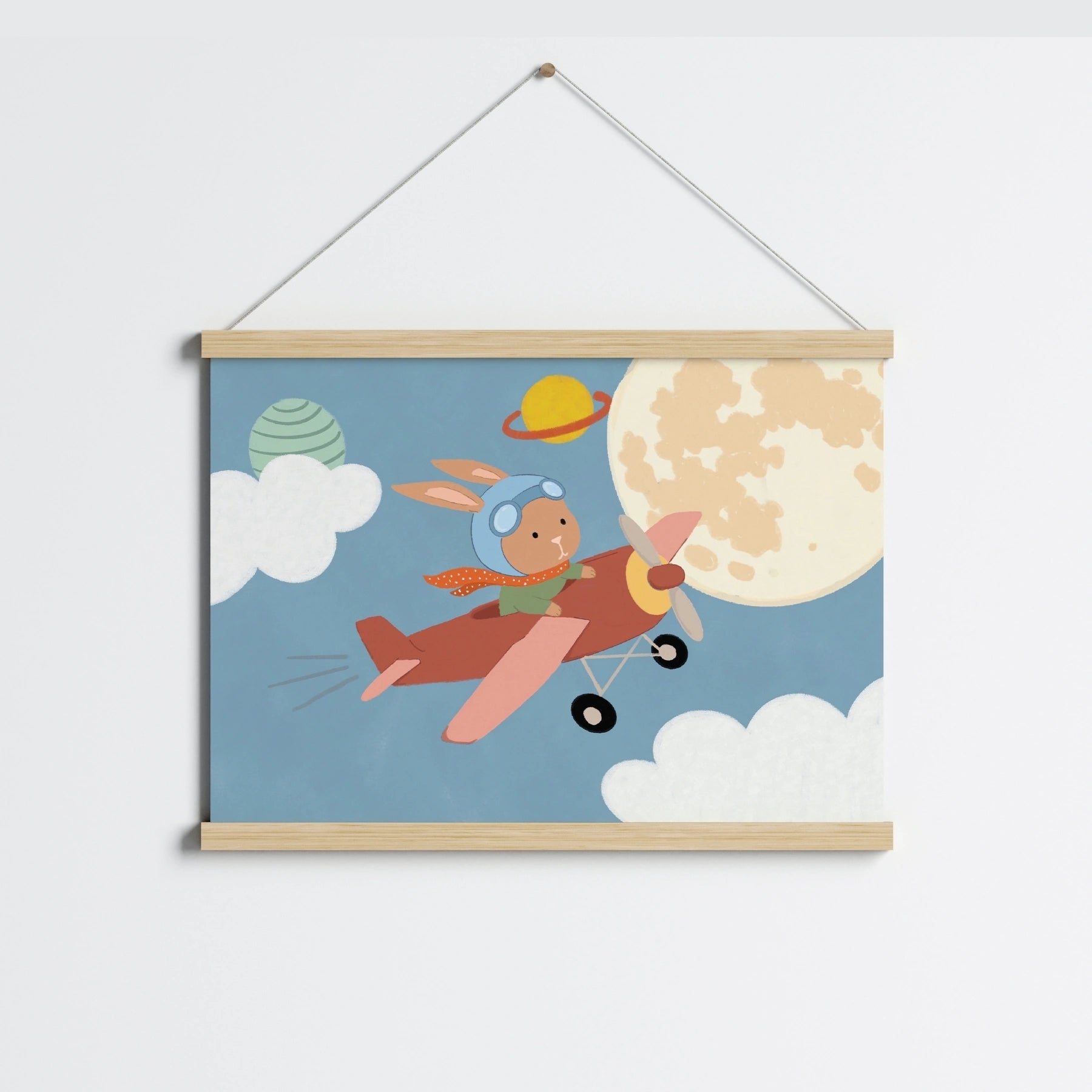 Arte da parete per bambini con coniglietto su aeroplano nello spazio
