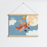 Arte da parete per bambini con coniglietto su aeroplano nello spazio