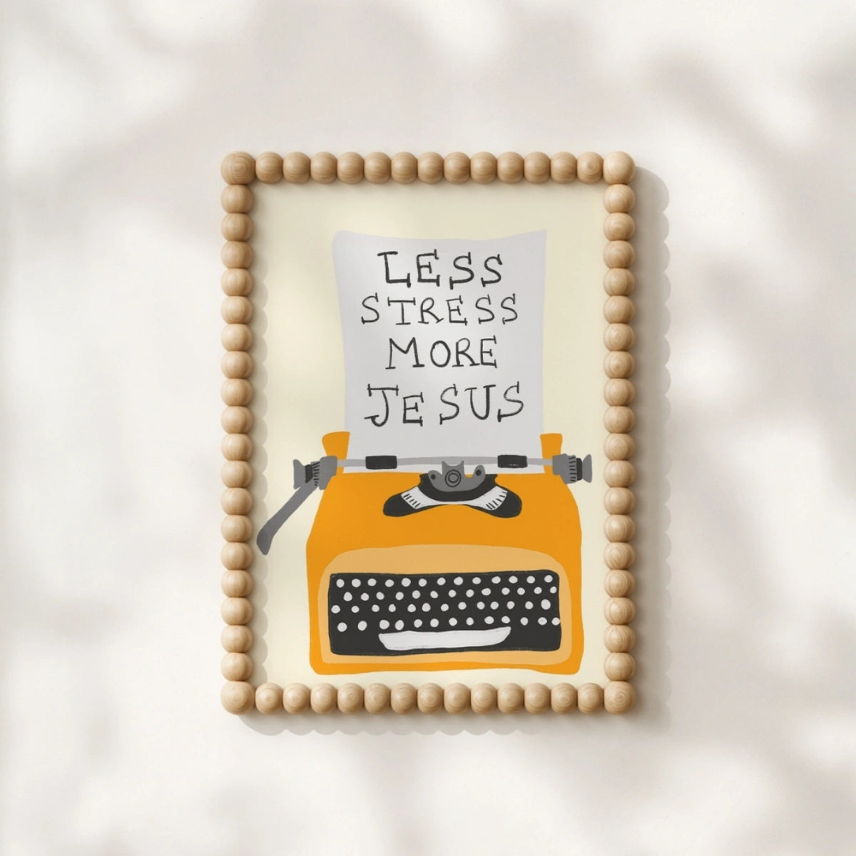 Affiche Moins de stress plus de Jésus – Art mural chrétien avec machine à écrire rétro, Décoration murale chrétienne
