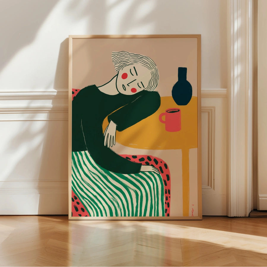 Resting Woman Boho Wall Art – Peaceful Portrait with Bold Lines
