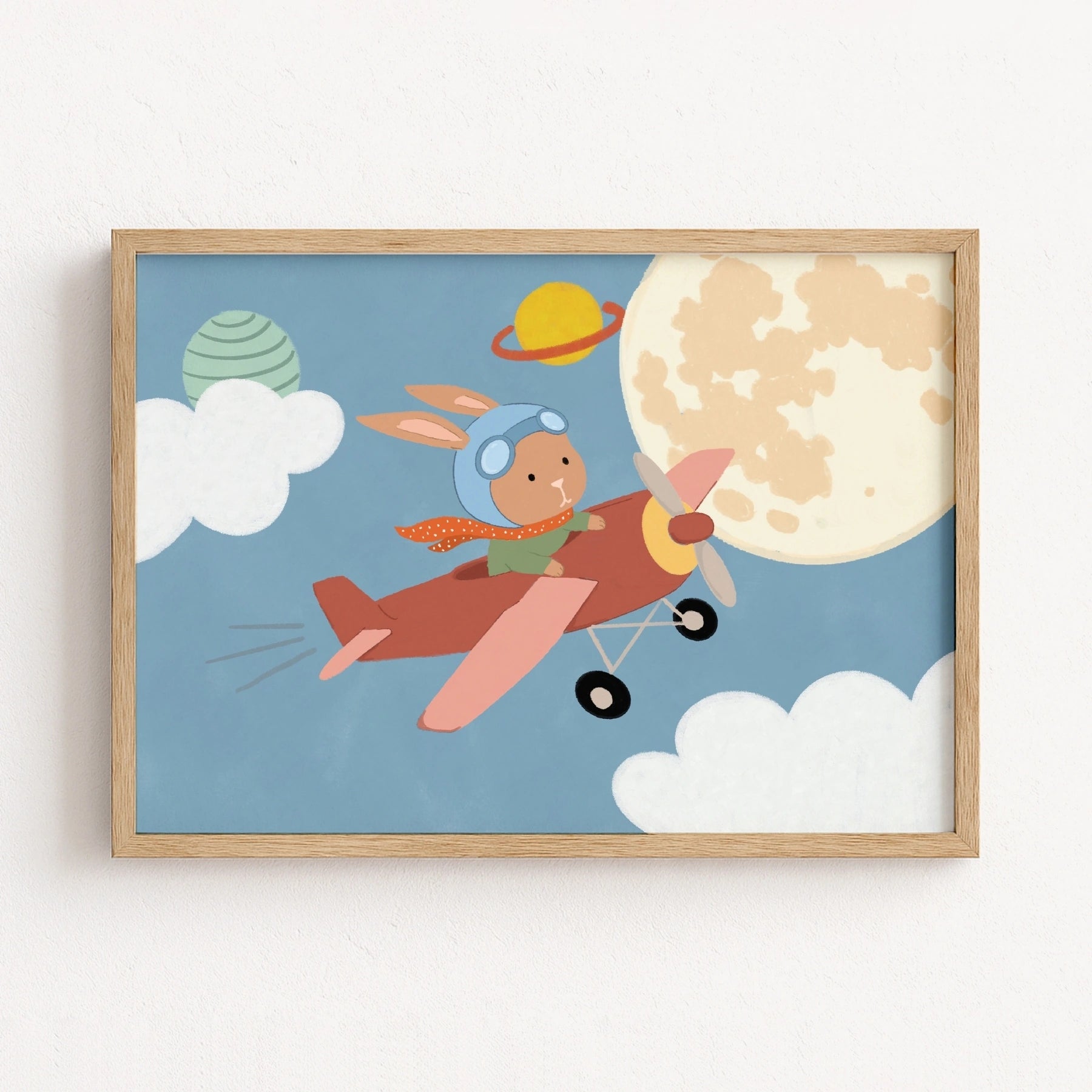 Arte da parete per bambini con coniglietto su aeroplano nello spazio