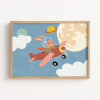 Arte da parete per bambini con coniglietto su aeroplano nello spazio