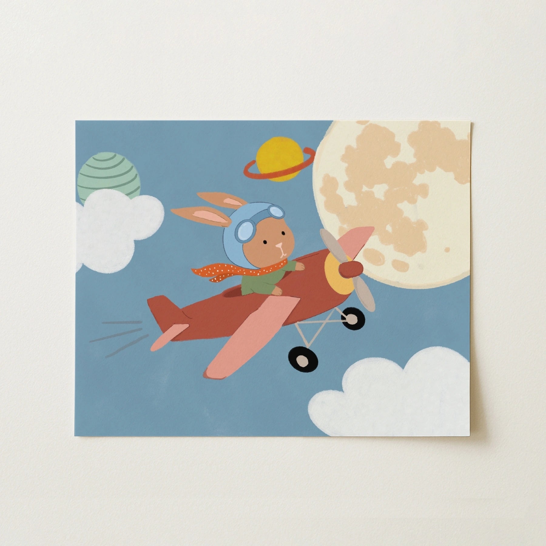 Arte da parete per bambini con coniglietto su aeroplano nello spazio