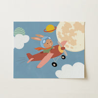 Arte da parete per bambini con coniglietto su aeroplano nello spazio