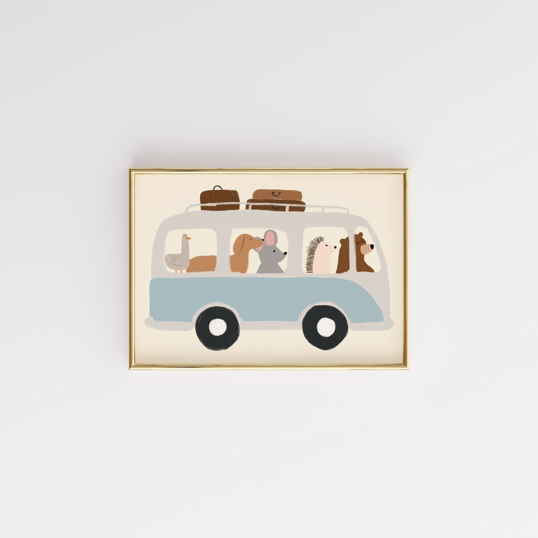 Stampa per bambini con autobus degli animali: simpatica decorazione murale con veicoli per ragazzi