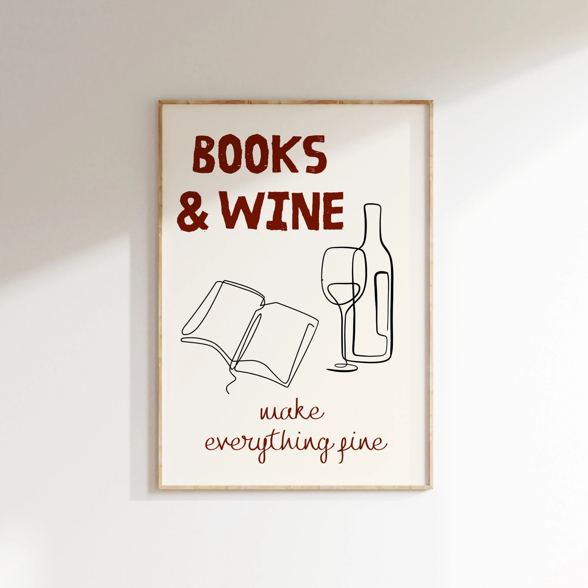 Impression Livres et Vin – Décoration murale minimaliste au trait pour les amateurs de livres et de vin