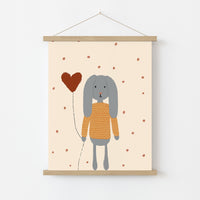Bunny with Heart Balloon Nursery Print, Vintage Nursery Decor