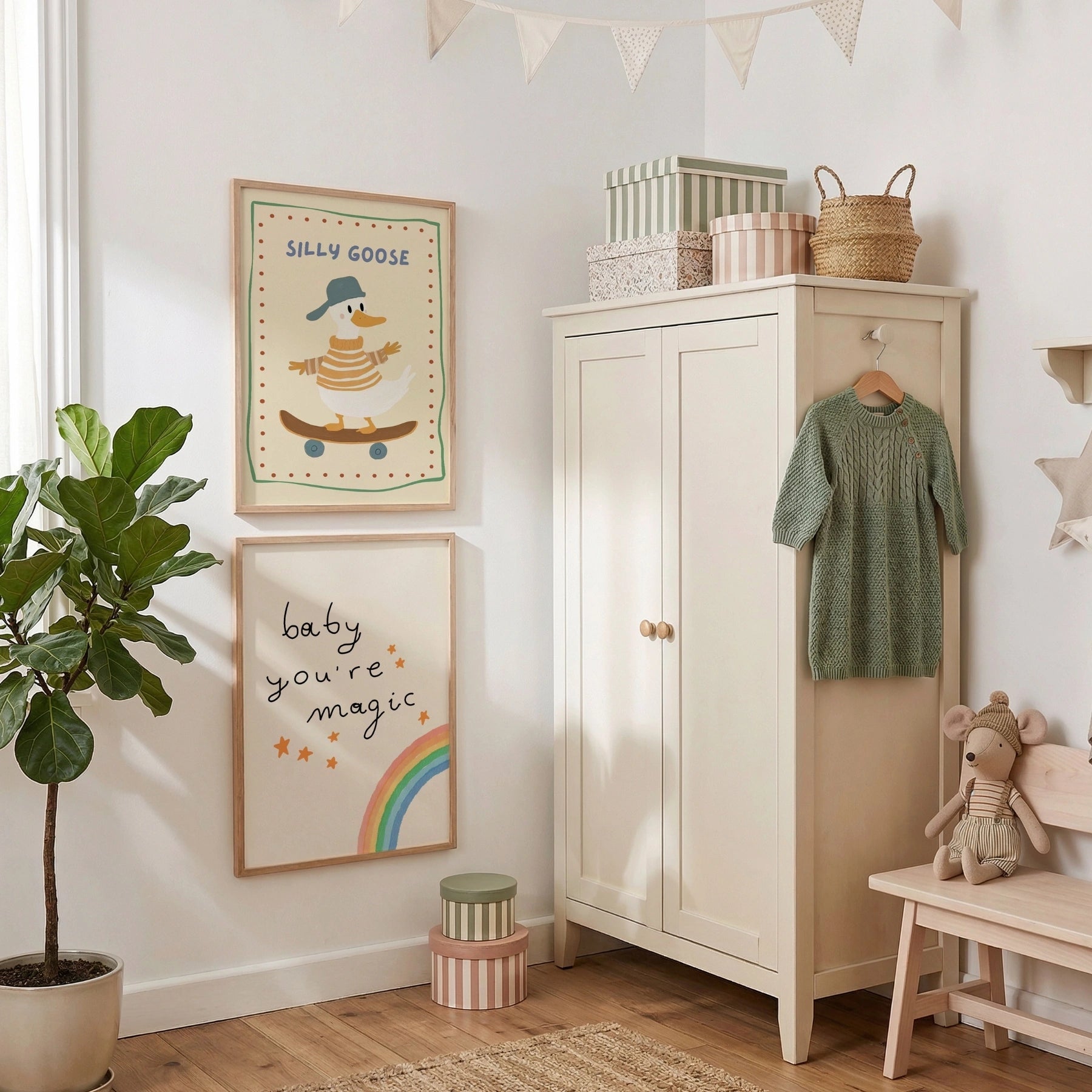 Goose and Rainbow Nursery Wall Art Set of 2