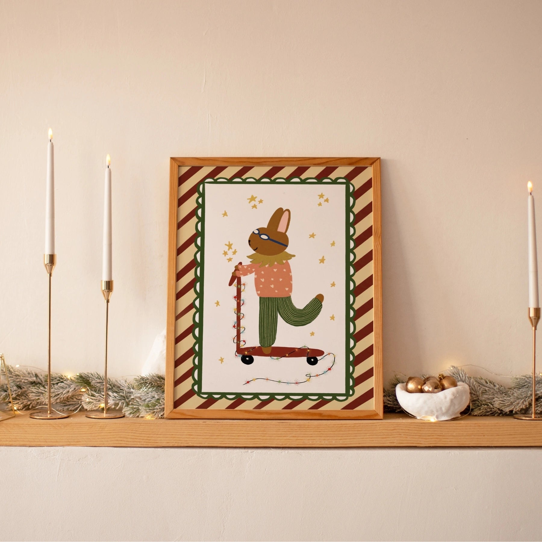 Stampa per la cameretta dei bambini "Coniglietto di Natale su scooter"