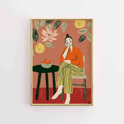 Lemon Lounge Boho Wall Art – Contemplative Female Scene