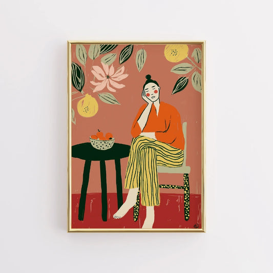 Lemon Lounge Boho Wall Art – Contemplative Female Scene
