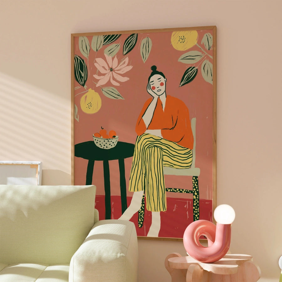 Lemon Lounge Boho Wall Art – Contemplative Female Scene