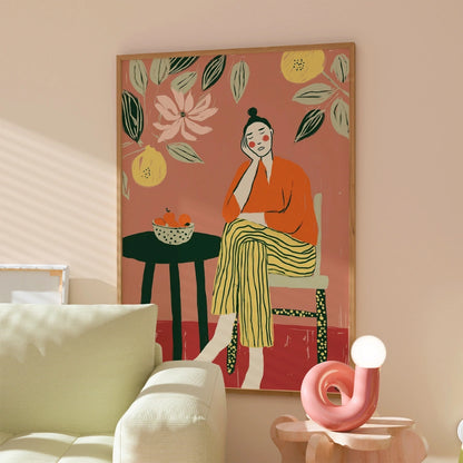 Lemon Lounge Boho Wall Art – Contemplative Female Scene