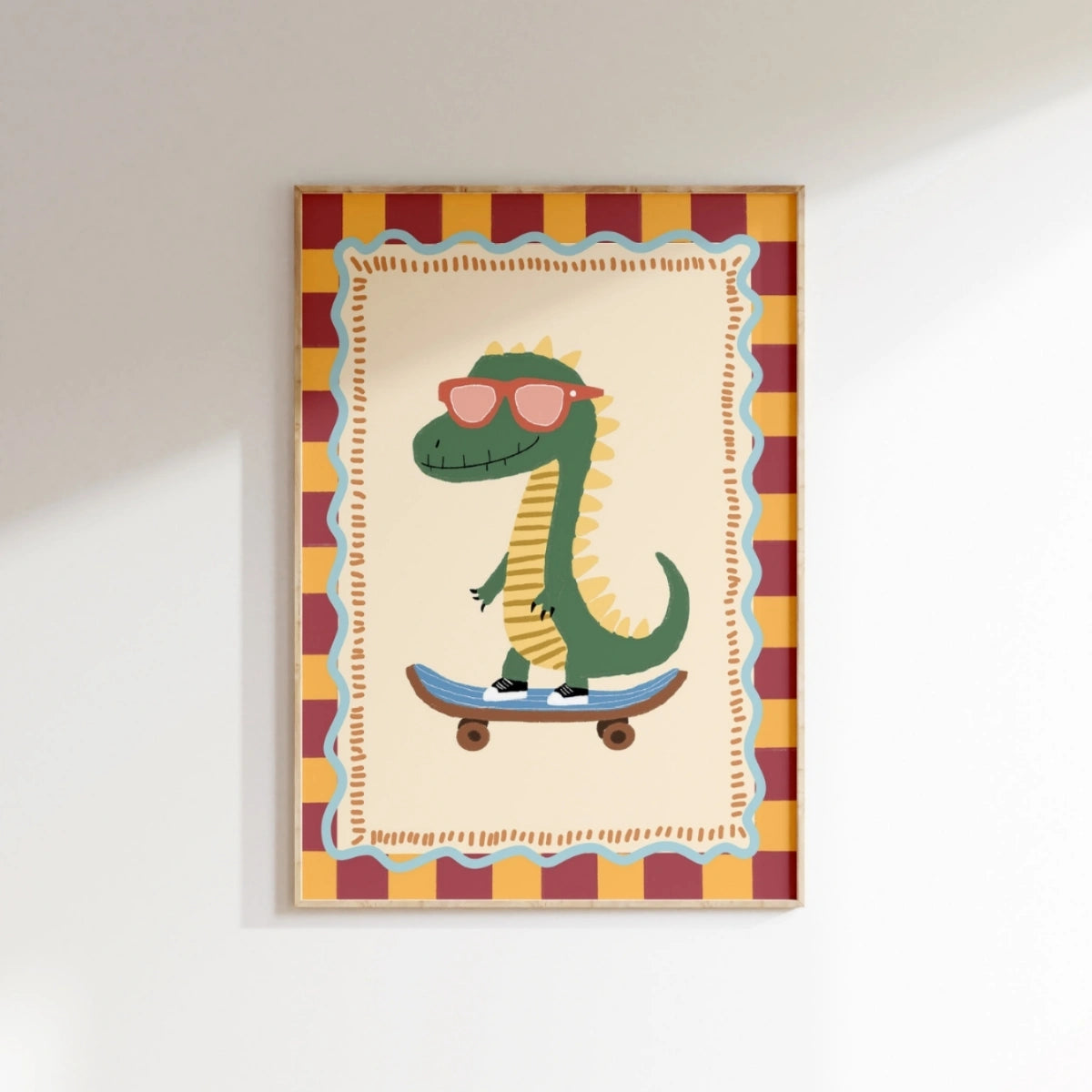 Dinosaur Nursery Print, Cool Skater Dino Wall Art, Colorful Kids Decor