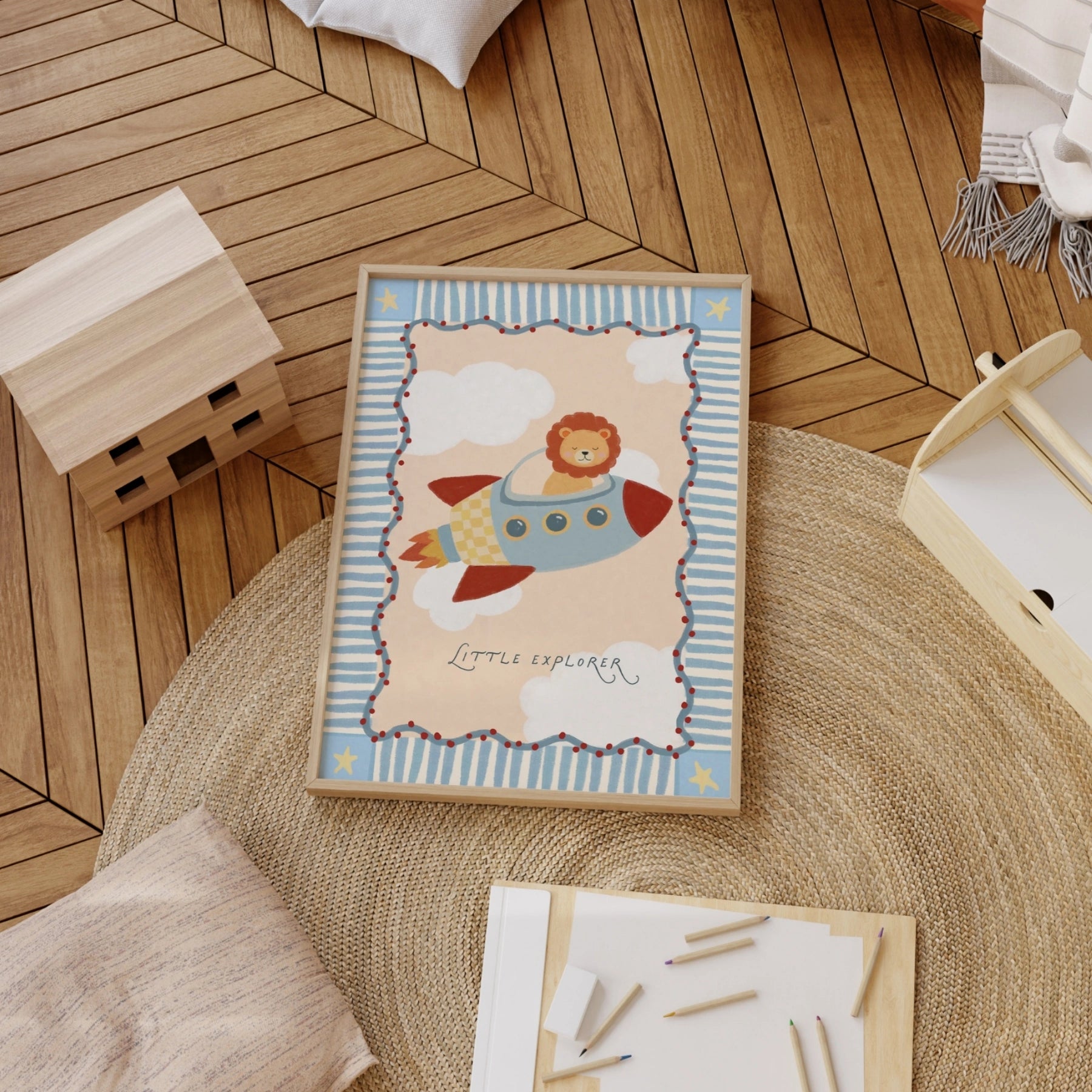 Arte murale con leone su razzo