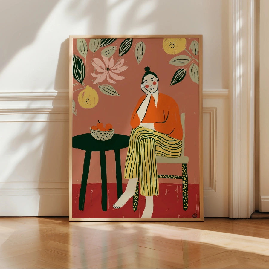 Lemon Lounge Boho Wall Art – Contemplative Female Scene