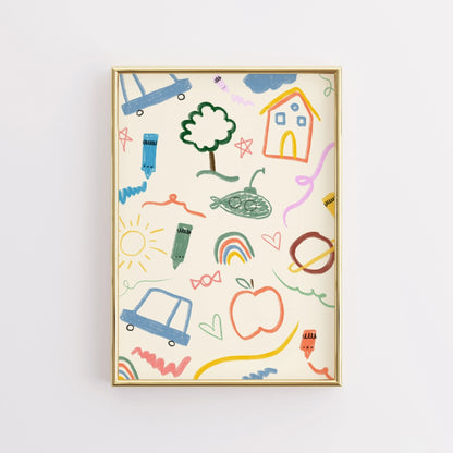 Doodle Style Nursery Wall Art – Playful Pastel Crayon Print for Kids Room