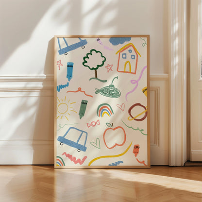 Doodle Style Nursery Wall Art – Playful Pastel Crayon Print for Kids Room