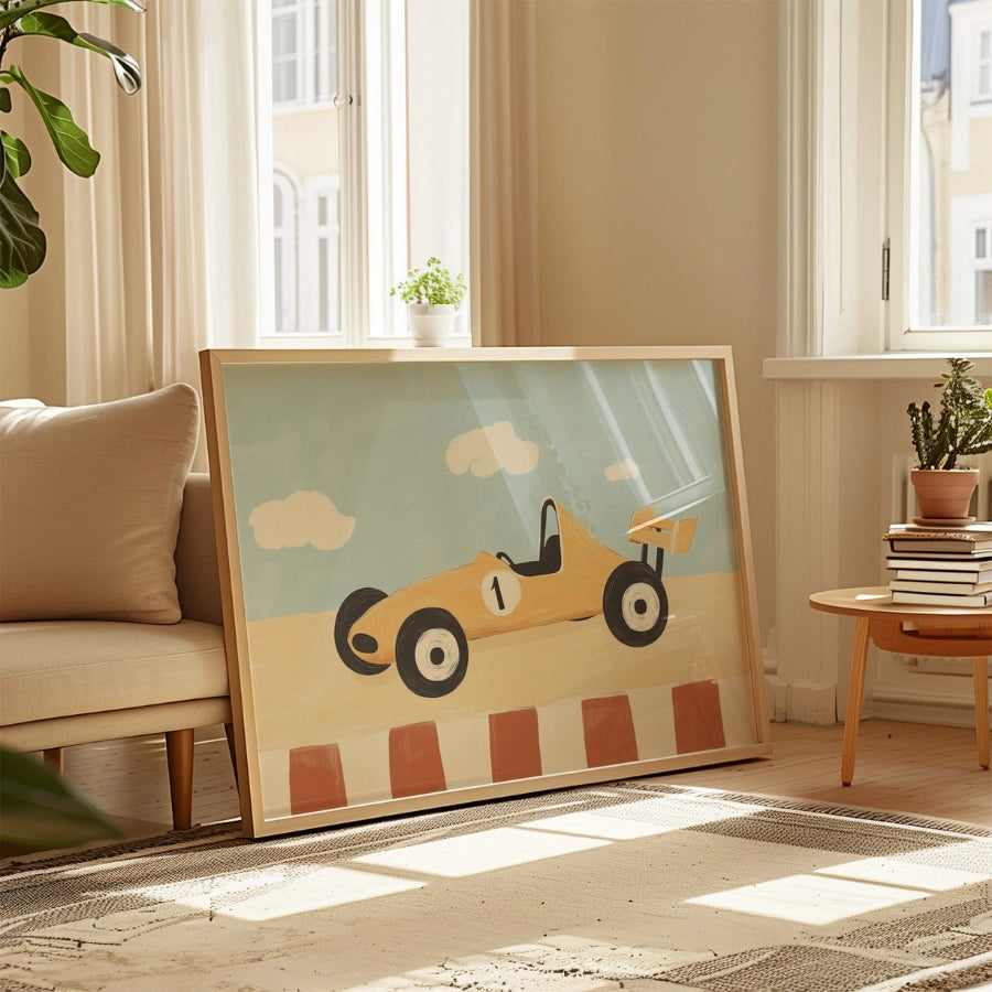 Stampa per cameretta dei bambini con auto da corsa: simpatica decorazione murale con veicoli per ragazzi