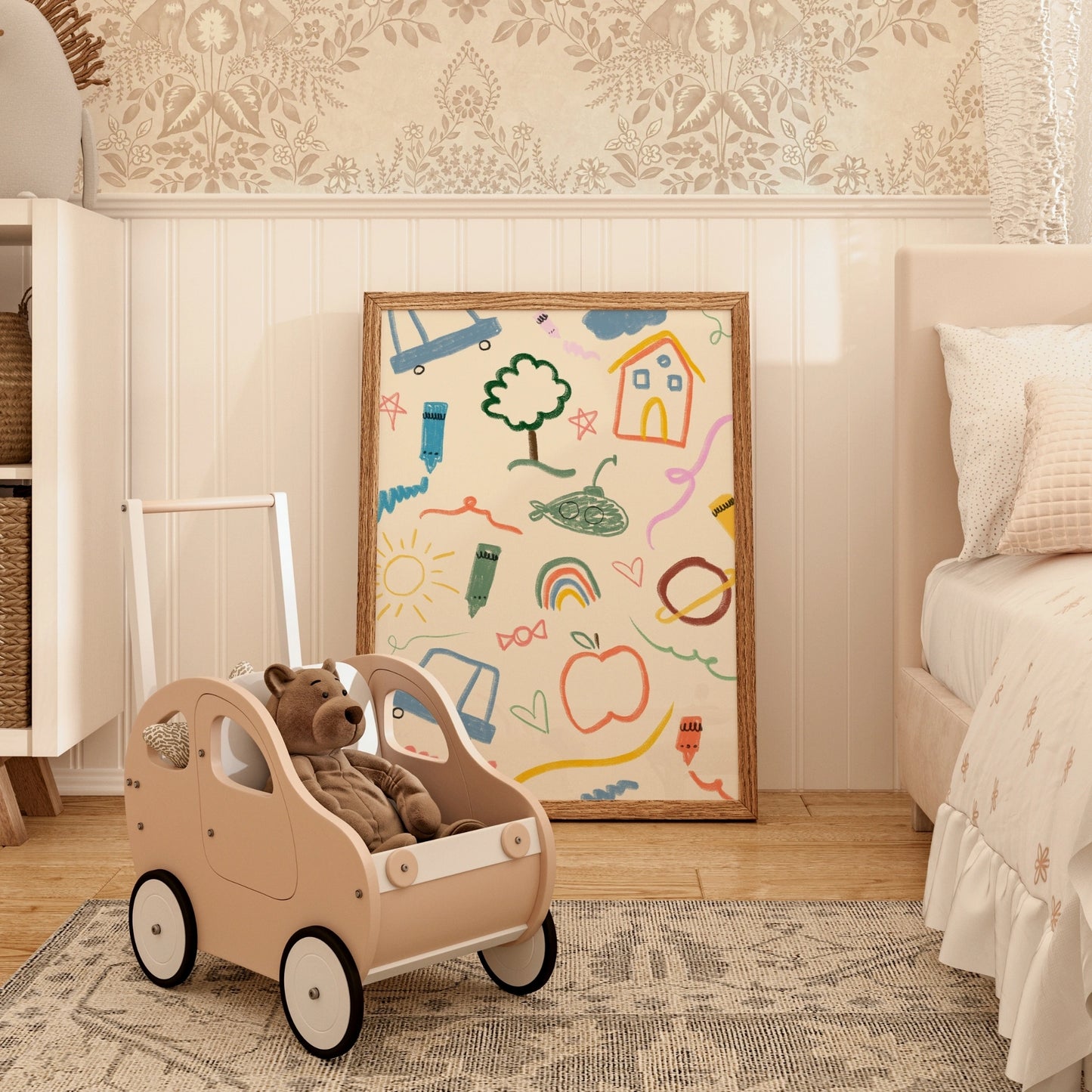 Doodle Style Nursery Wall Art – Playful Pastel Crayon Print for Kids Room