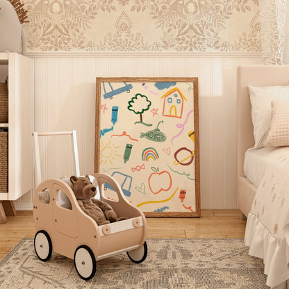 Doodle Style Nursery Wall Art – Playful Pastel Crayon Print for Kids Room