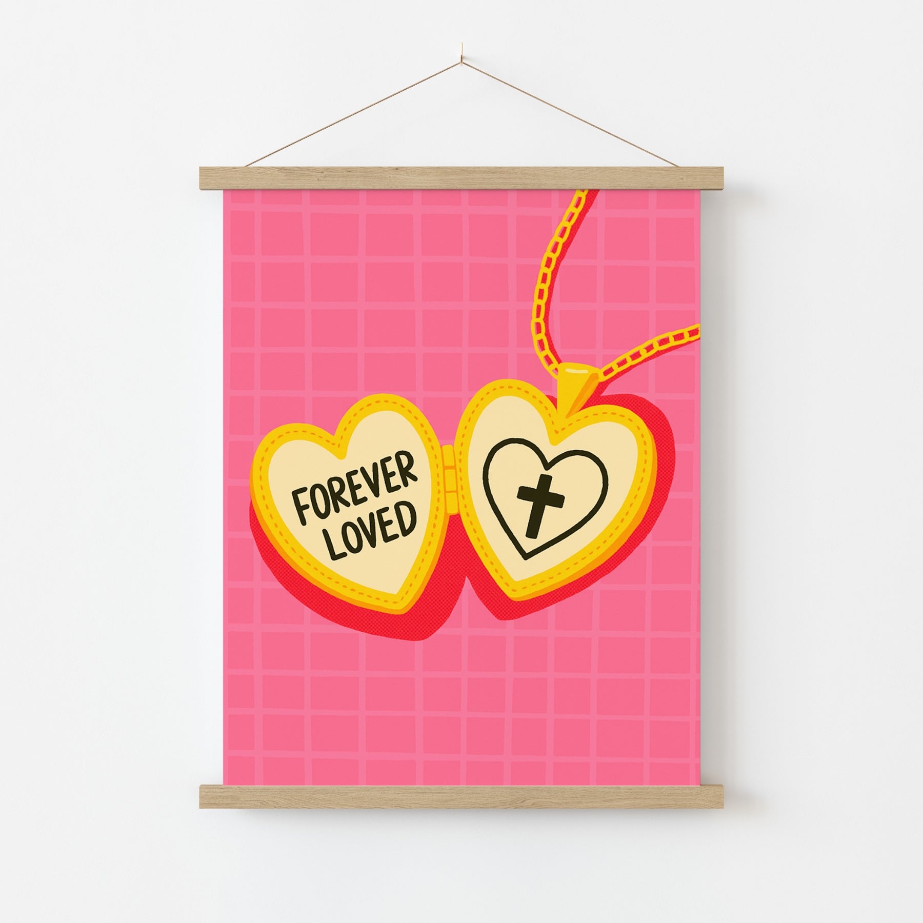 Arte de Pared Cristiano Forever Loved – Impresión de Collar con Cruz de Corazón Rosa, Decoración Cristiana de Pared