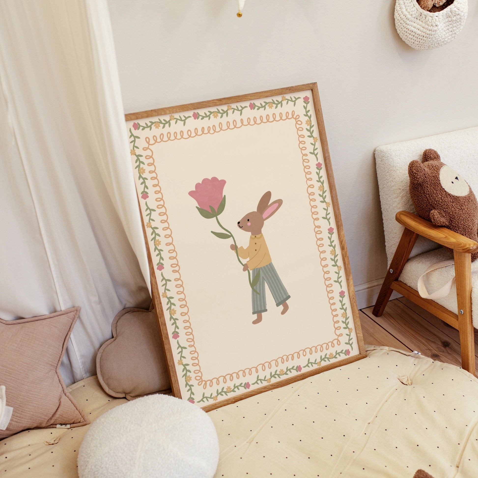 Floral Bunny Nursery Wall Art, Whimsical Kids Decor
